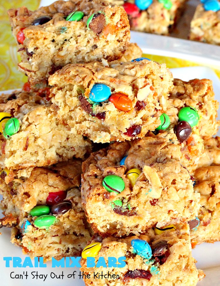 Trail Mix Bars | Can't Stay Out of the Kitchen | these #dessert bars are fantastic. They taste like eating #TrailMix but in #brownie form. They are mouthwatering & irresistible with the addition of #MMs. Terrific for #tailgating parties, potlucks, backyard BBQs and summer #holiday fun. #TrailMixBars #chocolate #TrailMixDessert #MMDessert #ChocolateDessert