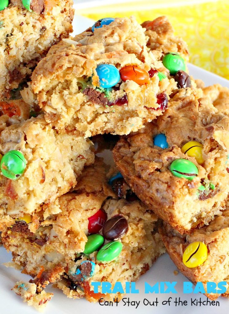 Trail Mix Bars | Can't Stay Out of the Kitchen | these #dessert bars are fantastic. They taste like eating #TrailMix but in #brownie form. They are mouthwatering & irresistible with the addition of #MMs. Terrific for #tailgating parties, potlucks, backyard BBQs and summer #holiday fun. #TrailMixBars #chocolate #TrailMixDessert #MMDessert #ChocolateDessert