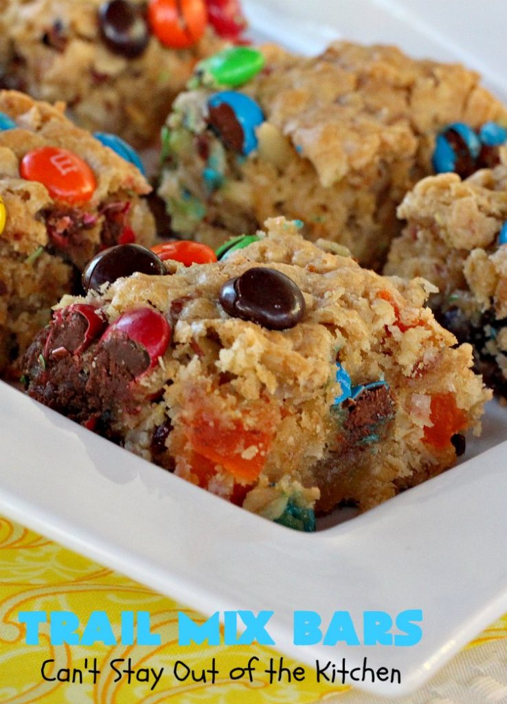 Trail Mix Bars | Can't Stay Out of the Kitchen | these #dessert bars are fantastic. They taste like eating #TrailMix but in #brownie form. They are mouthwatering & irresistible with the addition of #MMs. Terrific for #tailgating parties, potlucks, backyard BBQs and summer #holiday fun. #TrailMixBars #chocolate #TrailMixDessert #MMDessert #ChocolateDessert