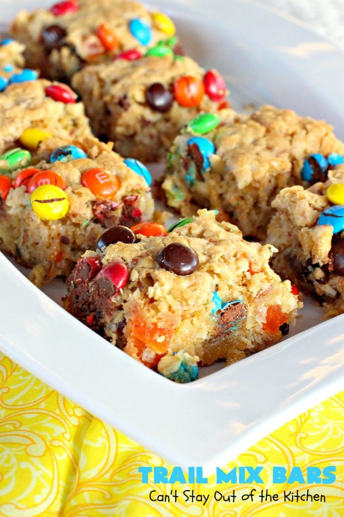 Trail Mix Bars | Can't Stay Out of the Kitchen | these #dessert bars are fantastic. They taste like eating #TrailMix but in #brownie form. They are mouthwatering & irresistible with the addition of #MMs. Terrific for #tailgating parties, potlucks, backyard BBQs and summer #holiday fun. #TrailMixBars #chocolate #TrailMixDessert #MMDessert #ChocolateDessert