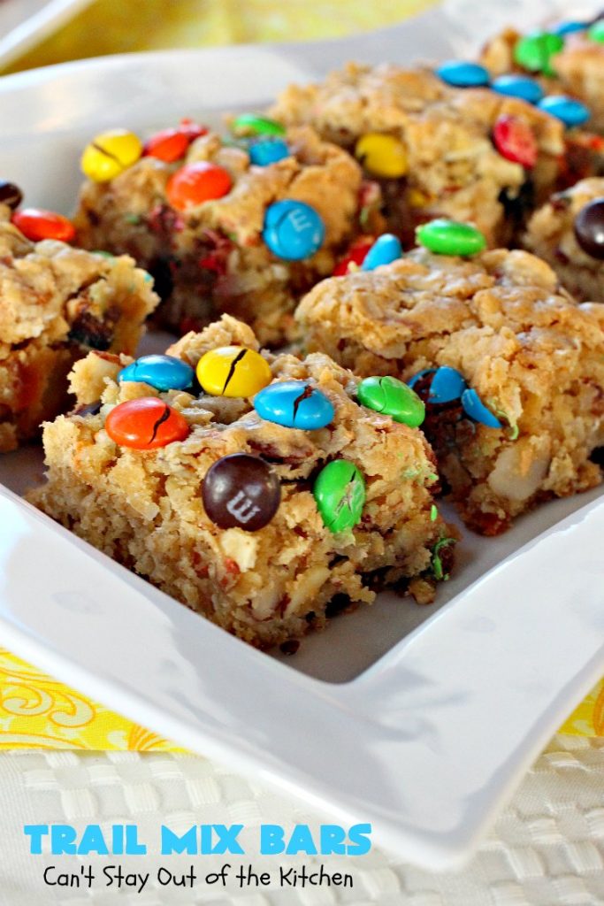 Trail Mix Bars | Can't Stay Out of the Kitchen | these #dessert bars are fantastic. They taste like eating #TrailMix but in #brownie form. They are mouthwatering & irresistible with the addition of #MMs. Terrific for #tailgating parties, potlucks, backyard BBQs and summer #holiday fun. #TrailMixBars #chocolate #TrailMixDessert #MMDessert #ChocolateDessert