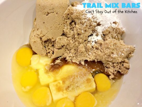 Trail Mix Bars | Can't Stay Out of the Kitchen | these #dessert bars are fantastic. They taste like eating #TrailMix but in #brownie form. They are mouthwatering & irresistible with the addition of #MMs. Terrific for #tailgating parties, potlucks, backyard BBQs and summer #holiday fun. #TrailMixBars #chocolate #TrailMixDessert #MMDessert #ChocolateDessert