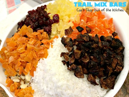 Trail Mix Bars | Can't Stay Out of the Kitchen | these #dessert bars are fantastic. They taste like eating #TrailMix but in #brownie form. They are mouthwatering & irresistible with the addition of #MMs. Terrific for #tailgating parties, potlucks, backyard BBQs and summer #holiday fun. #TrailMixBars #chocolate #TrailMixDessert #MMDessert #ChocolateDessert