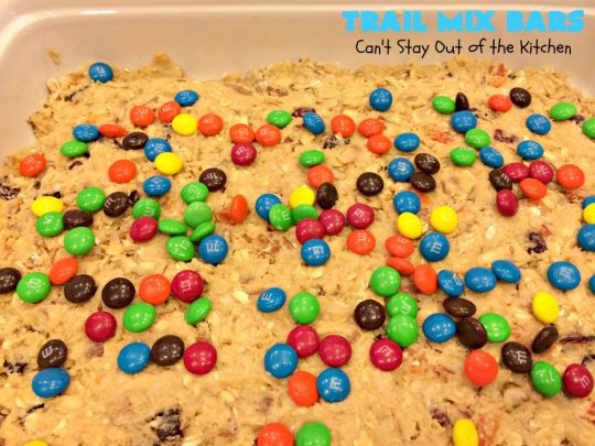 Trail Mix Bars | Can't Stay Out of the Kitchen | these #dessert bars are fantastic. They taste like eating #TrailMix but in #brownie form. They are mouthwatering & irresistible with the addition of #MMs. Terrific for #tailgating parties, potlucks, backyard BBQs and summer #holiday fun. #TrailMixBars #chocolate #TrailMixDessert #MMDessert #ChocolateDessert