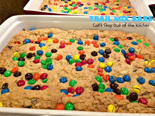 Trail Mix Bars | Can't Stay Out of the Kitchen | these #dessert bars are fantastic. They taste like eating #TrailMix but in #brownie form. They are mouthwatering & irresistible with the addition of #MMs. Terrific for #tailgating parties, potlucks, backyard BBQs and summer #holiday fun. #TrailMixBars #chocolate #TrailMixDessert #MMDessert #ChocolateDessert