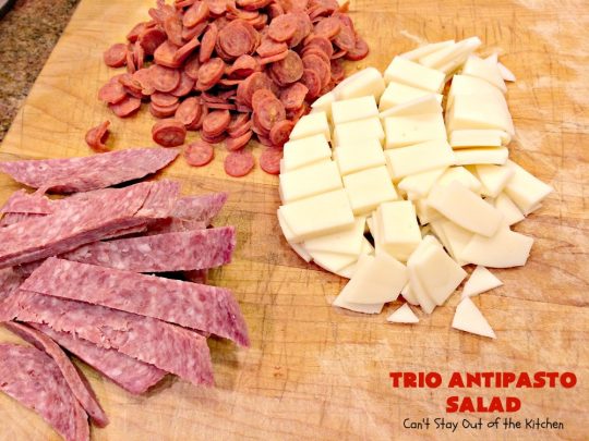 Trio Antipasto Salad | Can't Stay Out of the Kitchen | this favorite #pasta #salad includes #pepperoni, #salami & #provolone cheese. The homemade #vinaigrette is delightful. Great for potlucks, reunions & summer #BBQs.