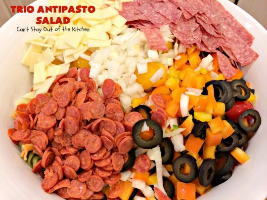 Trio Antipasto Salad | Can't Stay Out of the Kitchen | this favorite #pasta #salad includes #pepperoni, #salami & #provolone cheese. The homemade #vinaigrette is delightful. Great for potlucks, reunions & summer #BBQs.