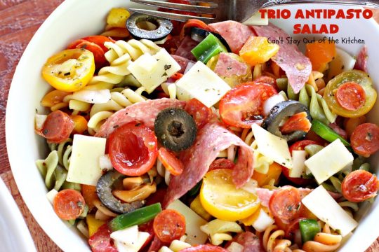 Trio Antipasto Salad | Can't Stay Out of the Kitchen | this favorite #pasta #salad includes #pepperoni, #salami & #provolone cheese. The homemade #vinaigrette is delightful. Great for potlucks, reunions & summer #BBQs.