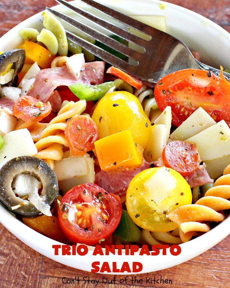 Trio Antipasto Salad | Can't Stay Out of the Kitchen | this favorite #pasta #salad includes #pepperoni, #salami & #provolone cheese. The homemade #vinaigrette is delightful. Great for potlucks, reunions & summer #BBQs.