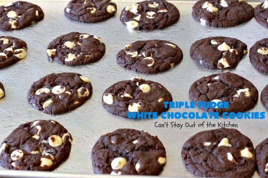 Triple Fudge White Chocolate Cookies | Can't Stay Out of the Kitchen | these fantastic #cookies have only 4 ingredients! They start with a #TripleFudgeCakeMix that includes #ChocolateChips, #cocoa & #ChocolateLiquor. Add #WhiteChocolateChips & you have a #recipe made in heaven! They will cure any sweet tooth craving or #chocolate desire you have! #dessert #fudge #ChocolateDessert #FudgeDessert #tailgating