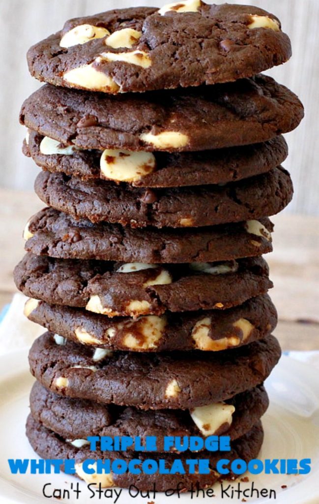 Triple Fudge White Chocolate Cookies | Can't Stay Out of the Kitchen | these fantastic #cookies have only 4 ingredients! They start with a #TripleFudgeCakeMix that includes #ChocolateChips, #cocoa & #ChocolateLiquor. Add #WhiteChocolateChips & you have a #recipe made in heaven! They will cure any sweet tooth craving or #chocolate desire you have! #dessert #fudge #ChocolateDessert #FudgeDessert #tailgating