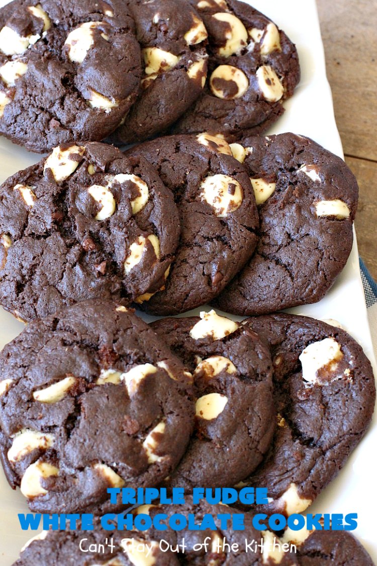 Triple Fudge White Chocolate Cookies | Can't Stay Out of the Kitchen | these fantastic #cookies have only 4 ingredients! They start with a #TripleFudgeCakeMix that includes #ChocolateChips, #cocoa & #ChocolateLiquor. Add #WhiteChocolateChips & you have a #recipe made in heaven! They will cure any sweet tooth craving or #chocolate desire you have! #dessert #fudge #ChocolateDessert #FudgeDessert #tailgating