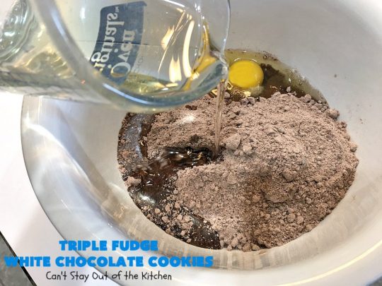 Triple Fudge White Chocolate Cookies | Can't Stay Out of the Kitchen | these fantastic #cookies have only 4 ingredients! They start with a #TripleFudgeCakeMix that includes #ChocolateChips, #cocoa & #ChocolateLiquor. Add #WhiteChocolateChips & you have a #recipe made in heaven! They will cure any sweet tooth craving or #chocolate desire you have! #dessert #fudge #ChocolateDessert #FudgeDessert #tailgating