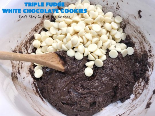 Triple Fudge White Chocolate Cookies | Can't Stay Out of the Kitchen | these fantastic #cookies have only 4 ingredients! They start with a #TripleFudgeCakeMix that includes #ChocolateChips, #cocoa & #ChocolateLiquor. Add #WhiteChocolateChips & you have a #recipe made in heaven! They will cure any sweet tooth craving or #chocolate desire you have! #dessert #fudge #ChocolateDessert #FudgeDessert #tailgating