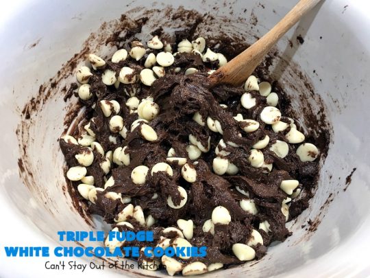 Triple Fudge White Chocolate Cookies | Can't Stay Out of the Kitchen | these fantastic #cookies have only 4 ingredients! They start with a #TripleFudgeCakeMix that includes #ChocolateChips, #cocoa & #ChocolateLiquor. Add #WhiteChocolateChips & you have a #recipe made in heaven! They will cure any sweet tooth craving or #chocolate desire you have! #dessert #fudge #ChocolateDessert #FudgeDessert #tailgating