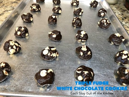 Triple Fudge White Chocolate Cookies | Can't Stay Out of the Kitchen | these fantastic #cookies have only 4 ingredients! They start with a #TripleFudgeCakeMix that includes #ChocolateChips, #cocoa & #ChocolateLiquor. Add #WhiteChocolateChips & you have a #recipe made in heaven! They will cure any sweet tooth craving or #chocolate desire you have! #dessert #fudge #ChocolateDessert #FudgeDessert #tailgating