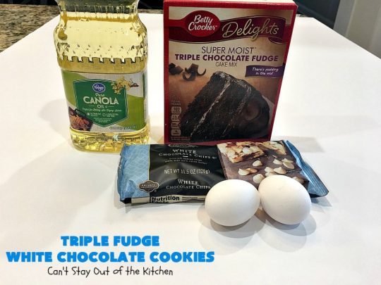 Triple Fudge White Chocolate Cookies | Can't Stay Out of the Kitchen | these fantastic #cookies have only 4 ingredients! They start with a #TripleFudgeCakeMix that includes #ChocolateChips, #cocoa & #ChocolateLiquor. Add #WhiteChocolateChips & you have a #recipe made in heaven! They will cure any sweet tooth craving or #chocolate desire you have! #dessert #fudge #ChocolateDessert #FudgeDessert #tailgating