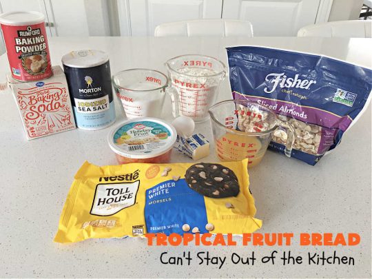 Tropical Fruit Bread | Can't Stay Out of the Kitchen | this luscious sweet #bread includes #almonds, vanilla chips & #ParadiseFruitCompany's #TropicalFruitMix. It's sweet, crunchy and so satisfying. Terrific for a #holiday #breakfast like #Thanksgiving, #Christmas or #NewYearsDay or for sometime during the season. #ParadiseFruitCo #ParadiseCandiedFruit #mango #pineapple #papaya #cantaloupe #TropicalFruitBread