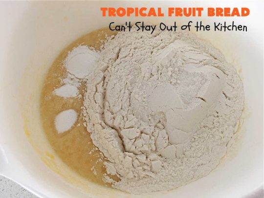 Tropical Fruit Bread | Can't Stay Out of the Kitchen | this luscious sweet #bread includes #almonds, vanilla chips & #ParadiseFruitCompany's #TropicalFruitMix. It's sweet, crunchy and so satisfying. Terrific for a #holiday #breakfast like #Thanksgiving, #Christmas or #NewYearsDay or for sometime during the season. #ParadiseFruitCo #ParadiseCandiedFruit #mango #pineapple #papaya #cantaloupe #TropicalFruitBread
