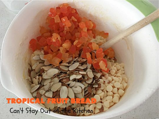 Tropical Fruit Bread | Can't Stay Out of the Kitchen | this luscious sweet #bread includes #almonds, vanilla chips & #ParadiseFruitCompany's #TropicalFruitMix. It's sweet, crunchy and so satisfying. Terrific for a #holiday #breakfast like #Thanksgiving, #Christmas or #NewYearsDay or for sometime during the season. #ParadiseFruitCo #ParadiseCandiedFruit #mango #pineapple #papaya #cantaloupe #TropicalFruitBread