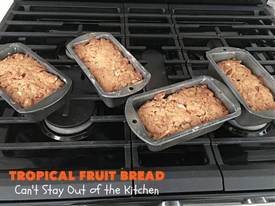 Tropical Fruit Bread | Can't Stay Out of the Kitchen | this luscious sweet #bread includes #almonds, vanilla chips & #ParadiseFruitCompany's #TropicalFruitMix. It's sweet, crunchy and so satisfying. Terrific for a #holiday #breakfast like #Thanksgiving, #Christmas or #NewYearsDay or for sometime during the season. #ParadiseFruitCo #ParadiseCandiedFruit #mango #pineapple #papaya #cantaloupe #TropicalFruitBread