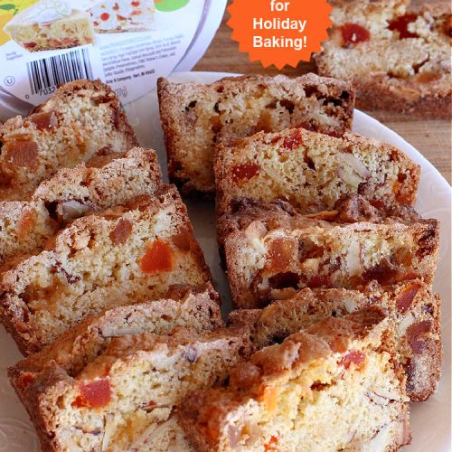 Tropical Fruit Bread | Can't Stay Out of the Kitchen | this luscious sweet #bread includes #almonds, vanilla chips & #ParadiseFruitCompany's #TropicalFruitMix. It's sweet, crunchy and so satisfying. Terrific for a #holiday #breakfast like #Thanksgiving, #Christmas or #NewYearsDay or for sometime during the season. #ParadiseFruitCo #ParadiseCandiedFruit #mango #pineapple #papaya #cantaloupe #TropicalFruitBread
