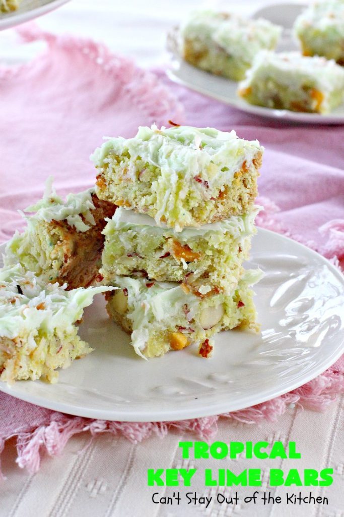 Tropical Key Lime Bars | Can't Stay Out of the Kitchen | This amazing #dessert is a perfect summer treat for Back-to-School bashes, family reunions or Labor Day parties. #cookie #keylime