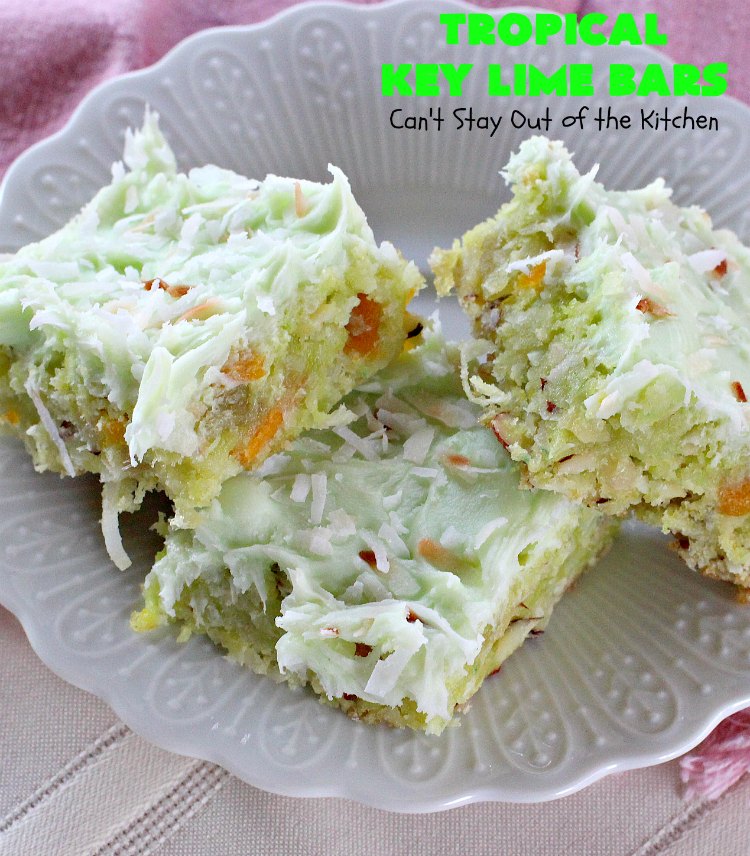 Tropical Key Lime Bars | Can't Stay Out of the Kitchen | This amazing #dessert is a perfect summer treat for Back-to-School bashes, family reunions or Labor Day parties. #cookie #keylime