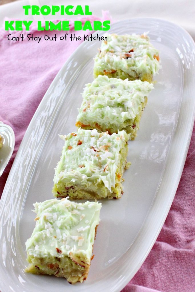 Tropical Key Lime Bars | Can't Stay Out of the Kitchen | This amazing #dessert is a perfect summer treat for Back-to-School bashes, family reunions or Labor Day parties. #cookie #keylime