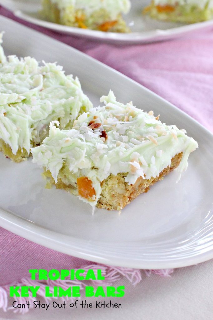 Tropical Key Lime Bars | Can't Stay Out of the Kitchen | This amazing #dessert is a perfect summer treat for Back-to-School bashes, family reunions or Labor Day parties. #cookie #keylime