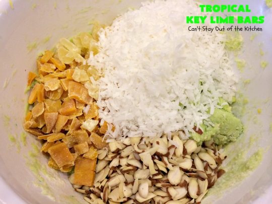 Tropical Key Lime Bars | Can't Stay Out of the Kitchen | This amazing #dessert is a perfect summer treat for Back-to-School bashes, family reunions or Labor Day parties. #cookie #keylime