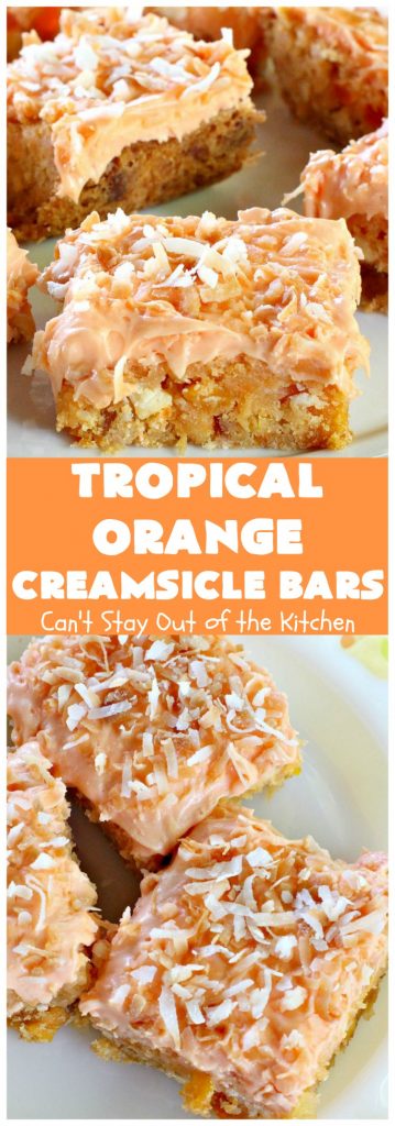 Tropical Orange Creamsicle Bars | Can't Stay Out of the Kitchen | these rich, decadent, heavenly #cookies use #OrangeCreamsicleCookieMix & frosting. They also have tropical #DriedFruits like #Mango, #papaya & #pineapple. #VanillaChips & #coconut make them so mouthwatering. Terrific #dessert for #Easter. #holiday #EasterDessert #MothersDay #MothersDayDessert #Tailgating #brownie #OrangeCreamsicle #TropicalOrangeCreamsicleBars #OrangeCreamsicleDessert
