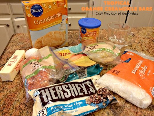 Tropical Orange Creamsicle Bars | Can't Stay Out of the Kitchen | these rich, decadent, heavenly #cookies use #OrangeCreamsicleCookieMix & frosting. They also have tropical #DriedFruits like #Mango, #papaya & #pineapple. #VanillaChips & #coconut make them so mouthwatering. Terrific #dessert for #Easter. #holiday #EasterDessert #MothersDay #MothersDayDessert #Tailgating #brownie #OrangeCreamsicle #TropicalOrangeCreamsicleBars #OrangeCreamsicleDessert