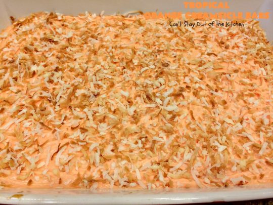 Tropical Orange Creamsicle Bars | Can't Stay Out of the Kitchen | these rich, decadent, heavenly #cookies use #OrangeCreamsicleCookieMix & frosting. They also have tropical #DriedFruits like #Mango, #papaya & #pineapple. #VanillaChips & #coconut make them so mouthwatering. Terrific #dessert for #Easter. #holiday #EasterDessert #MothersDay #MothersDayDessert #Tailgating #brownie #OrangeCreamsicle #TropicalOrangeCreamsicleBars #OrangeCreamsicleDessert
