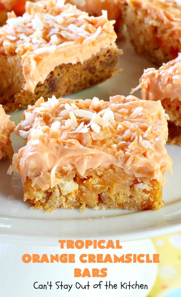 Tropical Orange Creamsicle Bars | Can't Stay Out of the Kitchen | these rich, decadent, heavenly #cookies use #OrangeCreamsicleCookieMix & frosting. They also have tropical #DriedFruits like #Mango, #papaya & #pineapple. #VanillaChips & #coconut make them so mouthwatering. Terrific #dessert for #Easter. #holiday #EasterDessert #MothersDay #MothersDayDessert #Tailgating #brownie #OrangeCreamsicle #TropicalOrangeCreamsicleBars #OrangeCreamsicleDessert