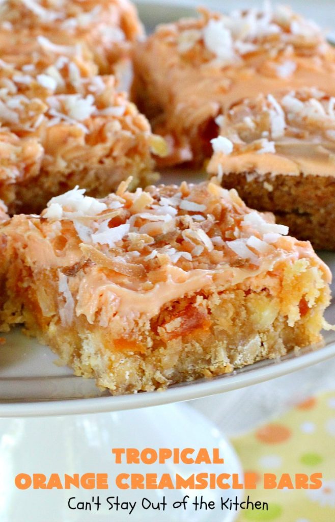 Tropical Orange Creamsicle Bars | Can't Stay Out of the Kitchen | these rich, decadent, heavenly #cookies use #OrangeCreamsicleCookieMix & frosting. They also have tropical #DriedFruits like #Mango, #papaya & #pineapple. #VanillaChips & #coconut make them so mouthwatering. Terrific #dessert for #Easter. #holiday #EasterDessert #MothersDay #MothersDayDessert #Tailgating #brownie #OrangeCreamsicle #TropicalOrangeCreamsicleBars #OrangeCreamsicleDessert