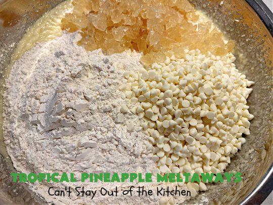 Tropical Pineapple Meltaways | Can't Stay Out of the Kitchen | these "melt-in-the-mouth" #cookies include #CandiedPineapple, #VanillaChips & #PineappleExtract for a burst of flavor. They're rolled in #TurbinadoSugar & are fantastic for #holiday #baking, #ChristmasCookieExchanges, #tailgating or office parties. You'll be swooning after the first bite! #PineappleDessert #TropicalPineappleMeltaways #dessert