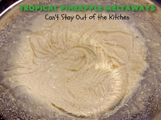 Tropical Pineapple Meltaways | Can't Stay Out of the Kitchen | these "melt-in-the-mouth" #cookies include #CandiedPineapple, #VanillaChips & #PineappleExtract for a burst of flavor. They're rolled in #TurbinadoSugar & are fantastic for #holiday #baking, #ChristmasCookieExchanges, #tailgating or office parties. You'll be swooning after the first bite! #PineappleDessert #TropicalPineappleMeltaways #dessert