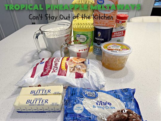 Tropical Pineapple Meltaways | Can't Stay Out of the Kitchen | these "melt-in-the-mouth" #cookies include #CandiedPineapple, #VanillaChips & #PineappleExtract for a burst of flavor. They're rolled in #TurbinadoSugar & are fantastic for #holiday #baking, #ChristmasCookieExchanges, #tailgating or office parties. You'll be swooning after the first bite! #PineappleDessert #TropicalPineappleMeltaways #dessert