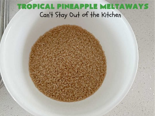 Tropical Pineapple Meltaways | Can't Stay Out of the Kitchen | these "melt-in-the-mouth" #cookies include #CandiedPineapple, #VanillaChips & #PineappleExtract for a burst of flavor. They're rolled in #TurbinadoSugar & are fantastic for #holiday #baking, #ChristmasCookieExchanges, #tailgating or office parties. You'll be swooning after the first bite! #PineappleDessert #TropicalPineappleMeltaways #dessert