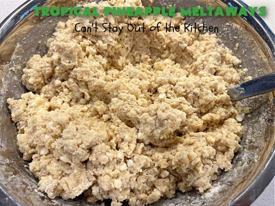 Tropical Pineapple Meltaways | Can't Stay Out of the Kitchen | these "melt-in-the-mouth" #cookies include #CandiedPineapple, #VanillaChips & #PineappleExtract for a burst of flavor. They're rolled in #TurbinadoSugar & are fantastic for #holiday #baking, #ChristmasCookieExchanges, #tailgating or office parties. You'll be swooning after the first bite! #PineappleDessert #TropicalPineappleMeltaways #dessert