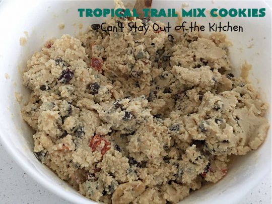 Tropical Trail Mix Cookies | Can't Stay Out of the Kitchen | These delightful #ChocolateChipCookies include #TropicalTrailMix in every bite! They're great for #tailgating parties, potlucks or any kind of family baking. #TrailMix includes #pineapple, #papaya, #raisins, #craisins, #almonds, #cashews & #bananas. #Holiday #Baking #dessert #HolidayBaking #TropicalTrailMixCookies