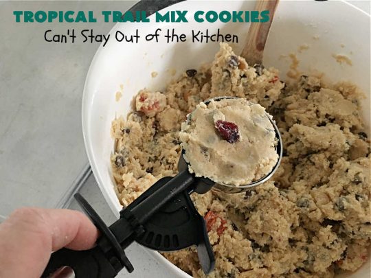 Tropical Trail Mix Cookies | Can't Stay Out of the Kitchen | These delightful #ChocolateChipCookies include #TropicalTrailMix in every bite! They're great for #tailgating parties, potlucks or any kind of family baking. #TrailMix includes #pineapple, #papaya, #raisins, #craisins, #almonds, #cashews & #bananas. #Holiday #Baking #dessert #HolidayBaking #TropicalTrailMixCookies