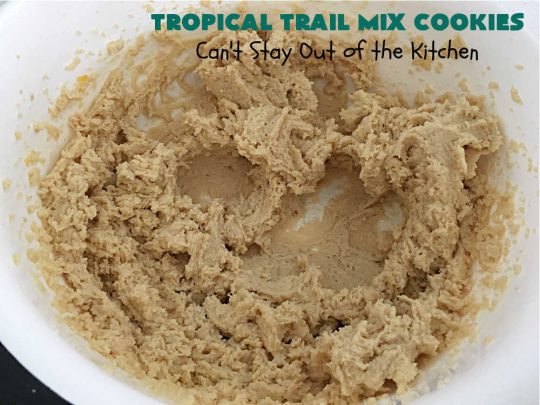 Tropical Trail Mix Cookies | Can't Stay Out of the Kitchen | These delightful #ChocolateChipCookies include #TropicalTrailMix in every bite! They're great for #tailgating parties, potlucks or any kind of family baking. #TrailMix includes #pineapple, #papaya, #raisins, #craisins, #almonds, #cashews & #bananas. #Holiday #Baking #dessert #HolidayBaking #TropicalTrailMixCookies