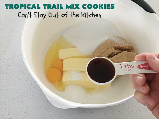 Tropical Trail Mix Cookies | Can't Stay Out of the Kitchen | These delightful #ChocolateChipCookies include #TropicalTrailMix in every bite! They're great for #tailgating parties, potlucks or any kind of family baking. #TrailMix includes #pineapple, #papaya, #raisins, #craisins, #almonds, #cashews & #bananas. #Holiday #Baking #dessert #HolidayBaking #TropicalTrailMixCookies