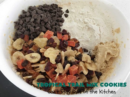 Tropical Trail Mix Cookies | Can't Stay Out of the Kitchen | These delightful #ChocolateChipCookies include #TropicalTrailMix in every bite! They're great for #tailgating parties, potlucks or any kind of family baking. #TrailMix includes #pineapple, #papaya, #raisins, #craisins, #almonds, #cashews & #bananas. #Holiday #Baking #dessert #HolidayBaking #TropicalTrailMixCookies