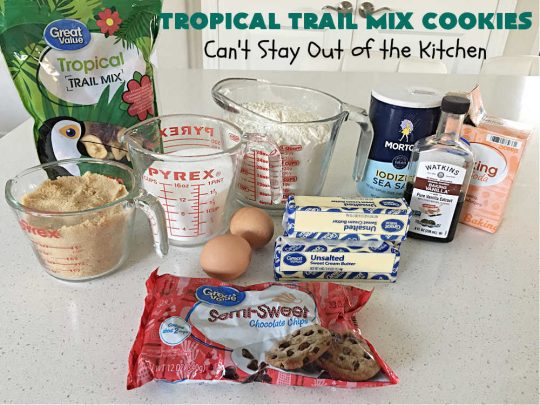 Tropical Trail Mix Cookies | Can't Stay Out of the Kitchen | These delightful #ChocolateChipCookies include #TropicalTrailMix in every bite! They're great for #tailgating parties, potlucks or any kind of family baking. #TrailMix includes #pineapple, #papaya, #raisins, #craisins, #almonds, #cashews & #bananas. #Holiday #Baking #dessert #HolidayBaking #TropicalTrailMixCookies