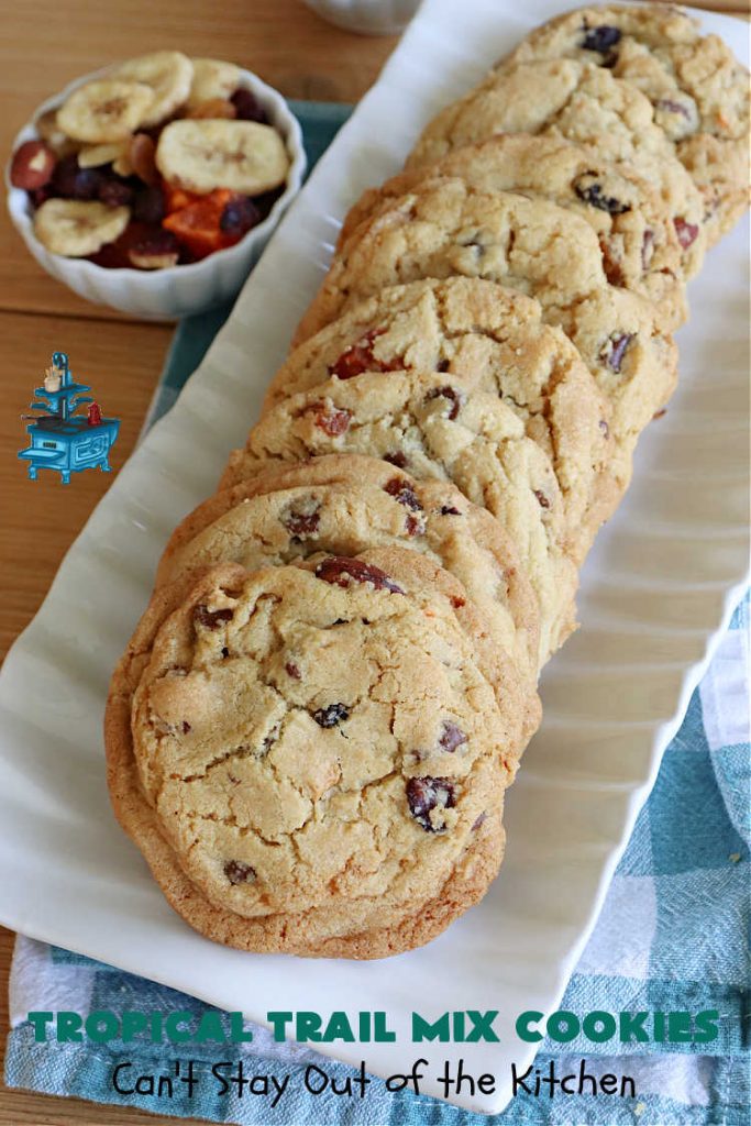 Tropical Trail Mix Cookies | Can't Stay Out of the Kitchen | These delightful #ChocolateChipCookies include #TropicalTrailMix in every bite! They're great for #tailgating parties, potlucks or any kind of family baking. #TrailMix includes #pineapple, #papaya, #raisins, #craisins, #almonds, #cashews & #bananas. #Holiday #Baking #dessert #HolidayBaking #TropicalTrailMixCookies