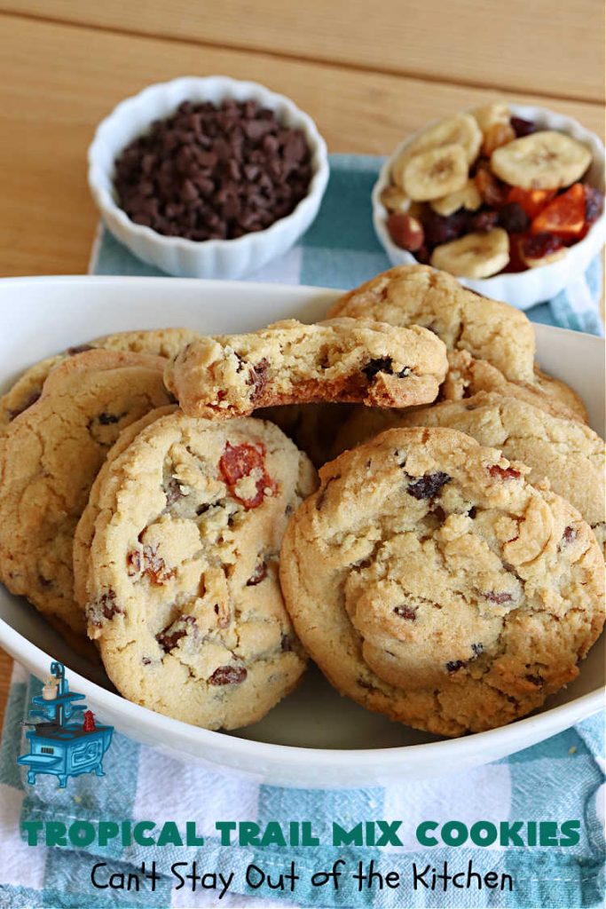 Tropical Trail Mix Cookies | Can't Stay Out of the Kitchen | These delightful #ChocolateChipCookies include #TropicalTrailMix in every bite! They're great for #tailgating parties, potlucks or any kind of family baking. #TrailMix includes #pineapple, #papaya, #raisins, #craisins, #almonds, #cashews & #bananas. #Holiday #Baking #dessert #HolidayBaking #TropicalTrailMixCookies