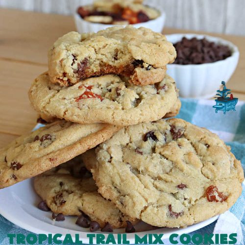 Tropical Trail Mix Cookies | Can't Stay Out of the Kitchen | These delightful #ChocolateChipCookies include #TropicalTrailMix in every bite! They're great for #tailgating parties, potlucks or any kind of family baking. #TrailMix includes #pineapple, #papaya, #raisins, #craisins, #almonds, #cashews & #bananas. #Holiday #Baking #dessert #HolidayBaking #TropicalTrailMixCookies